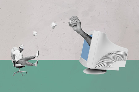 Contemporary art collage illustration of young guy brainwashed watching television paper trash...