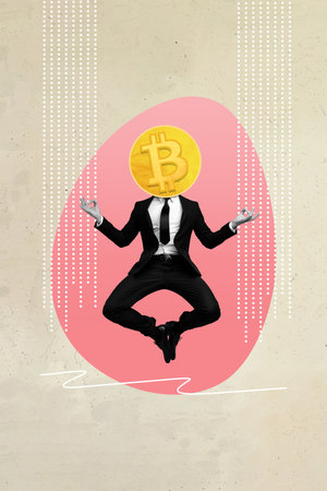 Vertical photo collage of businessman do yoga meditation instead head bitcoin money token trader nft profit isolated on painted background.の写真素材