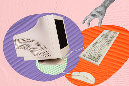 Trend artwork image composite photo collage of workspace hand grab hold laptop computer monitor...