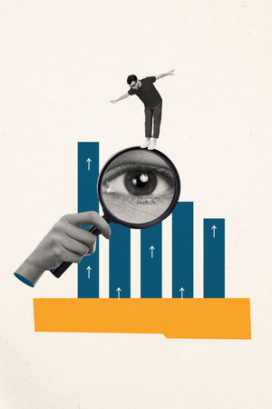 Creative abstract template collage of hand hold loupe eye data analysis graph fantasy billboard comics zine minimalの写真素材