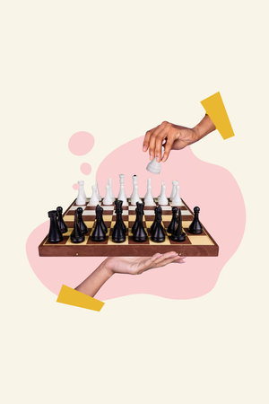Vertical photo collage of two players hold chess board game hobby tactic black white championship leisure isolated on painted backgroundの写真素材