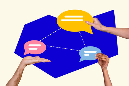 Composite photo collage of hands hold text box communication partners together deal conversation project isolated on painted backgroundの写真素材