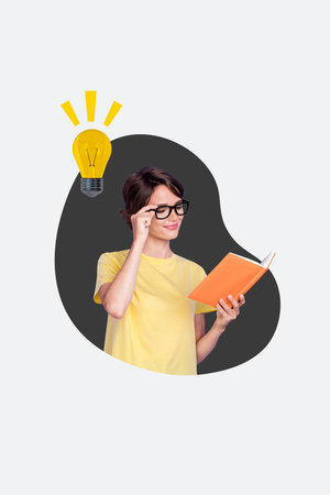 Vertical collage picture portrait young clever woman nerd lightbulb lamp invention eureka smart...