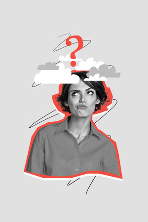 Vertical collage young dreamy thoguhtful woman think find solution dilemma problem question mark guess uncertain clouds environmentの写真素材