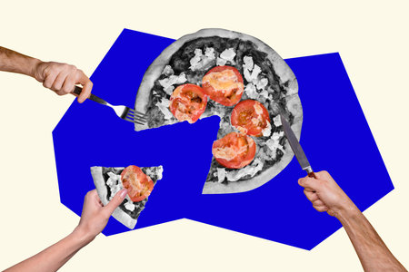 Composite photo collage of hungry people hold knife fork cut pizza piece fast food nutrition meal cheat meal isolated on painted backgroundの写真素材