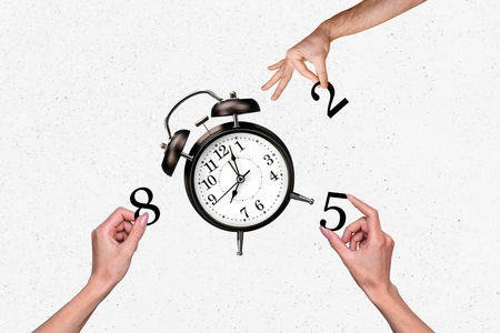 Composite photo collage of human hand hold alarm clock timeline work regime timetable punctuality...