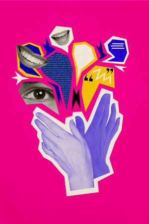 Composite collage image of speech comics bubble people face elements hands talk message conversation fantasy billboard comics zine minimalの写真素材