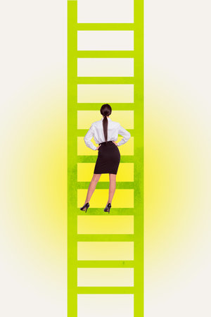 Trend artwork composite sketch image 3D collage of young confident lady office manager stand on stairs growth leader level up motivationの写真素材