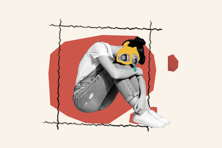 Composite collage picture image of sad female crying tears suffer therapy mental health unusual fantasy billboard comics zineの写真素材