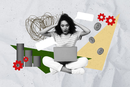 3d abstract creative artwork template collage of impressed lady earning crypto money modern device isolated painting backgroundの写真素材