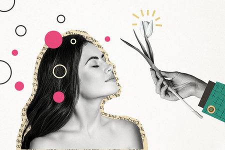 Composite photo collage of pretty dreamy girl smell tulip flower greeting present international woman day isolated on painted backgroundの写真素材