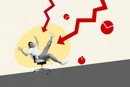 Creative collage image young man businessman trader direction arrows infographic economy inflation devaluation drawing backgroundの写真素材