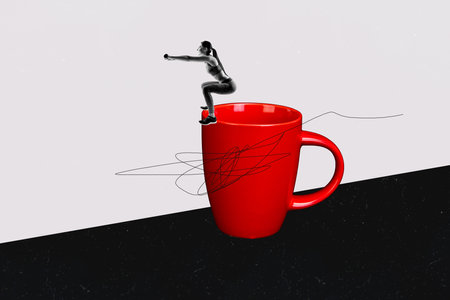 Composite collage picture image of sportswoman squat coffee cup tea morning unusual fantasy billboard comics zineの写真素材