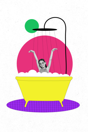 Sketch image composite trend artwork photo collage of bright color home bathroom rest leisure shower water preteen school age girl playの写真素材