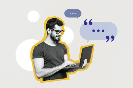 Composite photo collage of smile man hold a laptop device correspondence concept email messenger app sms isolated on painted backgroundの写真素材