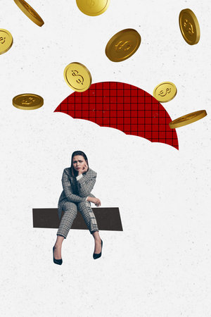 Vertical photo collage of upset stressed businesswoman umbrella roof coin fall bankrupt concept failure isolated on painted backgroundの写真素材