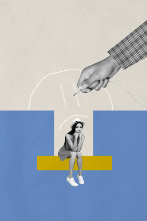 Trend artwork sketch photo collage of vertical black white suit hand appear hold charch young sad tired lady low power energy sitの写真素材