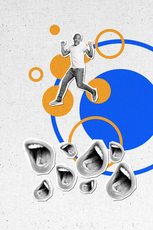 Sketch image composite trend artwork photo collage of bright color silhouette young man leader jump...