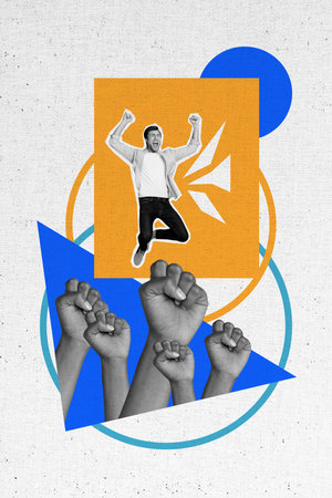 Composite artwork sketch image collage of bright color geometric element huge hand crowd hold fist proclaim happy man jump fly vote choiceの写真素材
