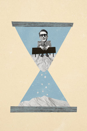 Vertical photo collage of scared young businessman grimace sit inside hourglass deadline office...