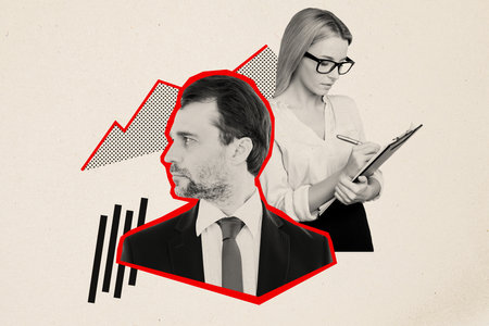 Composite creative sketch photo collage of boss listening report from assistant analyze financial market isolated on drawn backgroundの写真素材