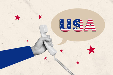 Composite collage image of hold hand headset phone call national independence america day fourth july concept fantasy billboard comics zineの写真素材