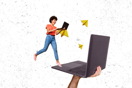 Creative photo image young cheerful girl laptop remote worker gadget user paper airplane messenger send reply digital deviceの写真素材