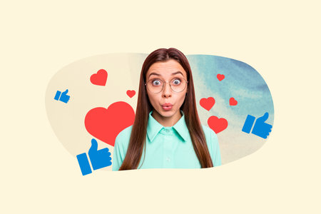 Creative photo picture young girl funny face expression love feedback thumb up like approval social media reaction drawing backgroundの写真素材