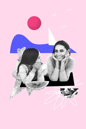 Creative poster abstract collage of mommy girl spend free time together eat slice watermelonの写真素材