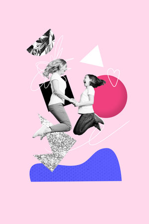 Collage creative poster of two people mother daughter jump over painting pastel color backgroundの写真素材