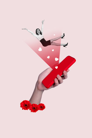 Vertical collage picture smartphone social media blogging receive feedback likes hearts businesswoman popularity increase smmの写真素材