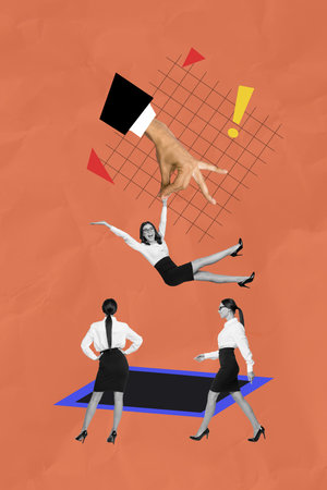 Vertical image collage sexy attractive businesswoman walk human arm body fragment take pick job employment boss manipulation controlの写真素材