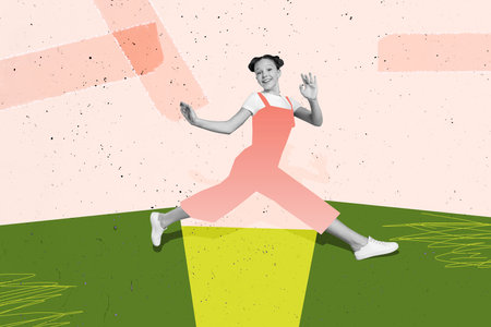 Composite photo collage of excited happy girl run grass field spring summertime season outdoor walk nature isolated on painted backgroundの写真素材