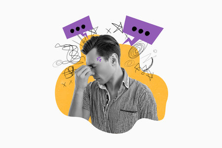 Creative collage picture young man mind mess depression migraine headache textboxes mental issues...
