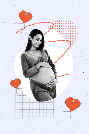 Vertical photo collage of happy pregnant girl belly congratulations mother day postcard expecting baby isolated on painted backgroundの写真素材