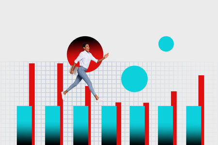 Trend artwork sketch image photo collage of workspace huge platform young business woman work hold laptop walk moving career promotionの写真素材