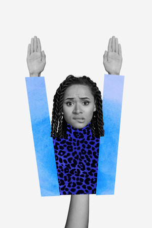 Trend artwork composite sketch image photo collage of shocked confused woman bodyless puppet master hand raise up unhappy face criminalの写真素材