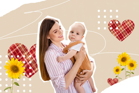 Creative picture collage young cheerful woman hold newborn baby family hear love sunflower blossom positive mood drawing backgroundの写真素材