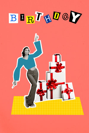 Creative abstract template collage of happy female dancing pile gifts celebrate birthday fantasy billboard comics zine minimalの写真素材