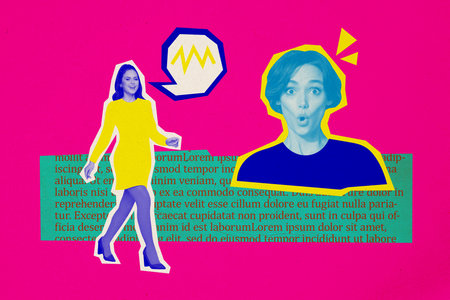 Creative abstract template collage of amazed girls walking team retro concept talking fantasy billboard comics zine minimalの写真素材