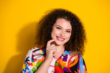 Photo portrait of attractive young woman touch chin minded dressed stylish colorful print clothes...
