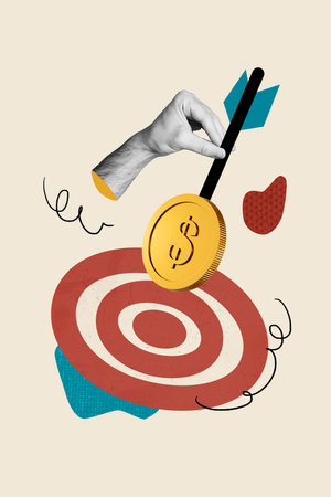 Vertical collage picture 3d human hand hold arrow target archery hit center successful trader investing money income earningの写真素材