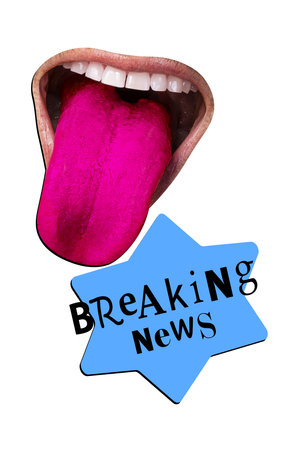 Sketch composite artwork vertical collage of white color backdrop textbox cloud banner breaking news moody open mouth show tongueの写真素材