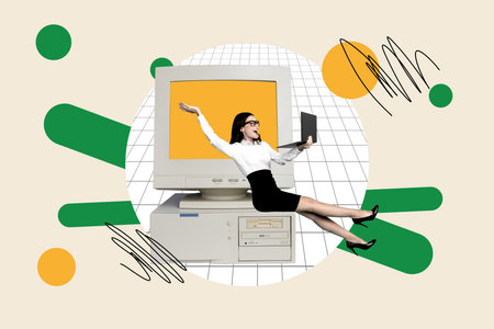 Collage 3d image of pinup pop retro sketch of excited woman career achieve dream computer monitor...