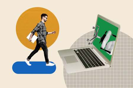 Collage 3d image of pinup pop retro sketch of man walk netbook screen armchair office unusual fantasy billboard comicsの写真素材