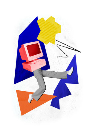 Creative abstract template collage of funny female walk legs monitor computer workplace unusual...