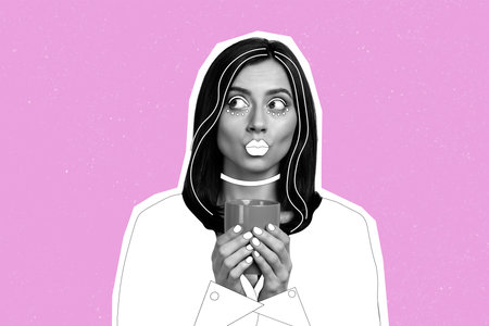 Composite photo collage of cute woman pouted lips hold coffee cup drink makeup beauty salon white effect isolated on painted backgroundの写真素材