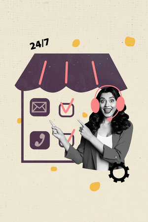 Vertical picture collage cheerful amazed girl showing icons notifications sms envelop...