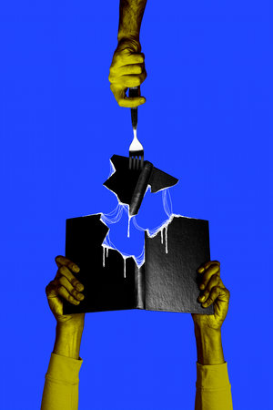 Composite artwork collage image of arms hold book fork eat isolated on creative blue backgroundの写真素材