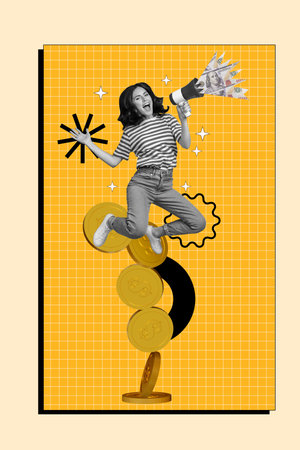 Vertical photo collage of excited happy girl hold megaphone scream money dollar banknotes balance gold coin isolated on painted backgroundの写真素材